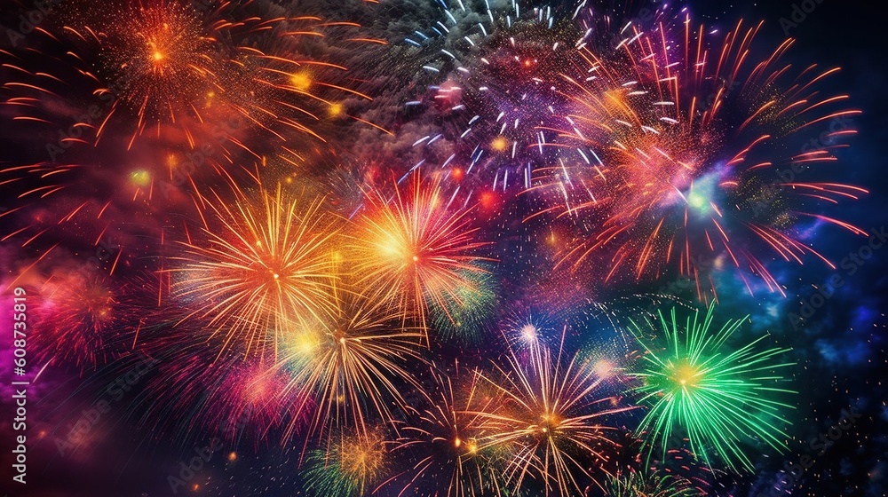 Poster a colorful fireworks display in the sky with lots of fireworks. generative ai