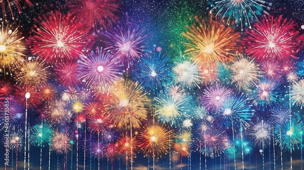 Poster a colorful fireworks display in the sky with lots of fireworks. generative ai