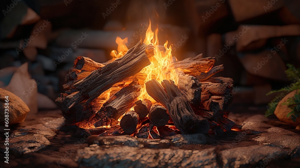 Poster a close up of a fire in a fireplace with logs. generative ai