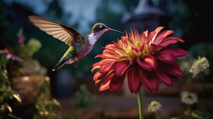 Fototapeta na wymiar a hummingbird hovering over a red flower in a garden. generative ai