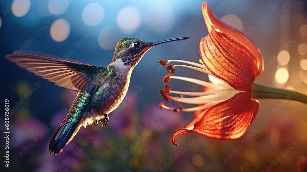 Poster a hummingbird hovering over a flower with its beak open. generative ai
