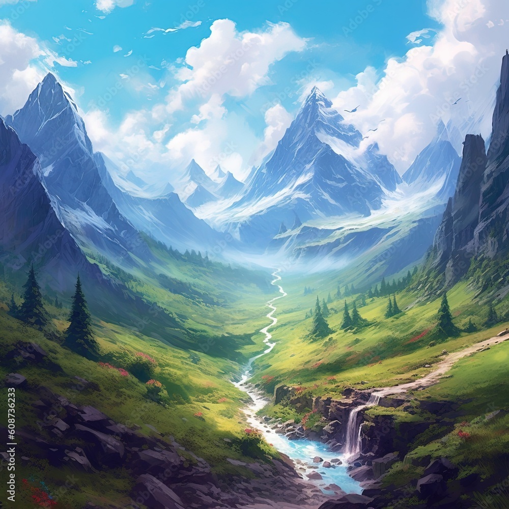 Poster a painting of a mountain valley with a stream running through it. generative ai