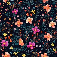 Fototapeta premium Watercolor small wildflowers and colorful daisy flowers over a drak background seamless pattern Digital Paper background, Generative AI