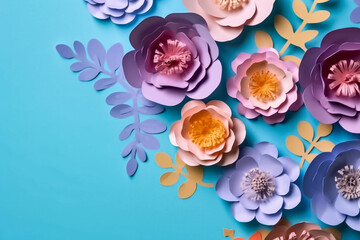 Pastel toned papier mache flowers, skillfully cut and arranged on a soothing bright blue green turquoise background, lend a touch of vintage charm to any setting. generative AI.