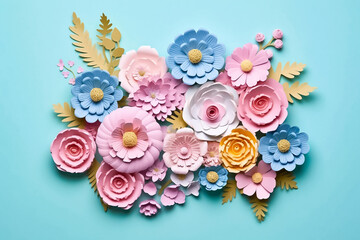 Obraz na płótnie Canvas Pastel toned papier mache flowers, skillfully cut and arranged on a soothing bright blue green turquoise background, lend a touch of vintage charm to any setting. generative AI.