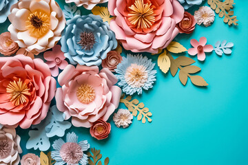 Pastel toned papier mache flowers, skillfully cut and arranged on a soothing bright blue green turquoise background, lend a touch of vintage charm to any setting. generative AI.