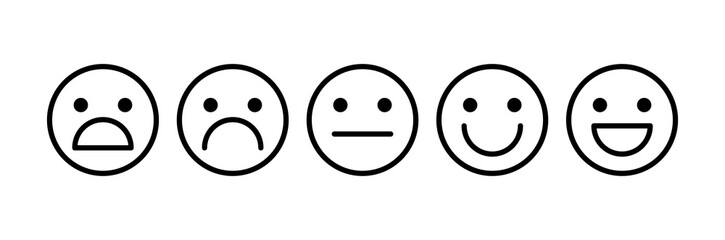 Happy, laughing, neutral, sad, upset, unhappy, shocked smile icon. Customer feedback vector emoticon set. Negative, positive face icons.