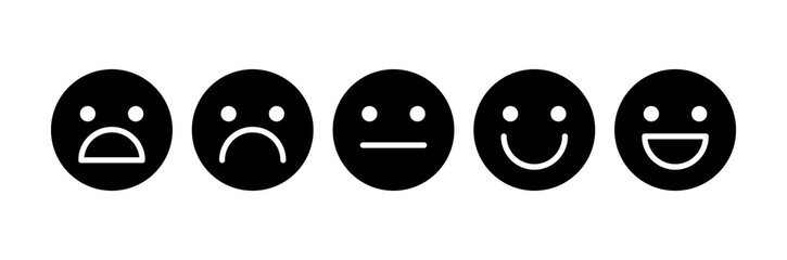 Happy, laughing, neutral, sad, upset, unhappy, shocked smile icon. Customer feedback vector emoticon set. Black negative, positive face icons.
