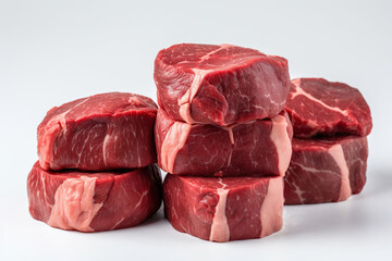 Beef stew steak stack of red raw beef steaks on the white background, in the style of focus stacking. Generative AI