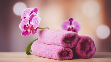 Spa Towels and Orchid Embracing Serenity on a Wooden Table Against an Abstract Backdrop. Generative AI