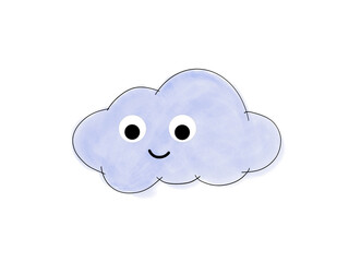 Smiling cloud with blue eyes on white background. Vector illustration.