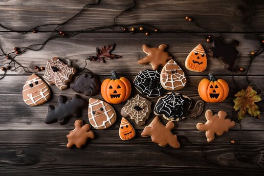 Illustration of Halloween cookies on a dark and spooky wooden background. Generative AI