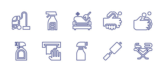 Cleaning line icon set. Editable stroke. Vector illustration. Containing vaccum cleaner, cleaning spray, furniture, washing hand, disinfectant, cleaning, spray bottle, lint roller, ironing.