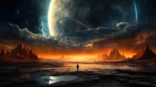 Space background with purple planet landscape, stars, satellites and alien planets in sky. Generative AI.