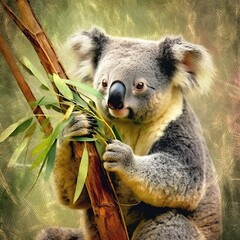Fototapeta premium Koala sitting on a tree, Illustration, for pictures by numbers. Generative AI.