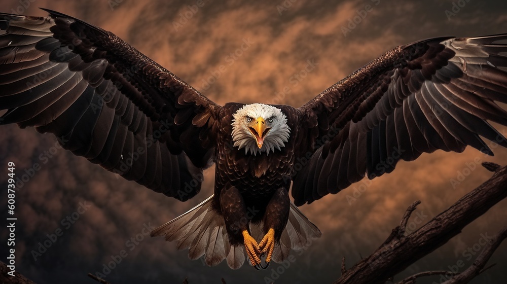 Poster a bald eagle spreads its wings while perched on a tree branch. generative ai