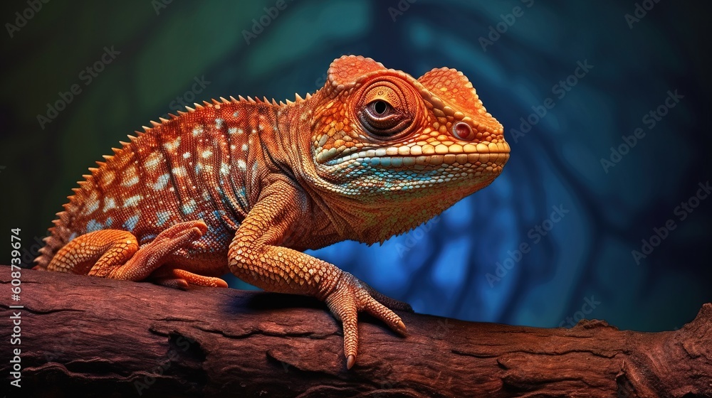 Poster a close up of a lizard on a branch with a blurry background. generative ai