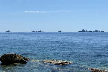 Navy activity on the Aegean Mediterranean Sea. Military vehicles ships transport for military drill...