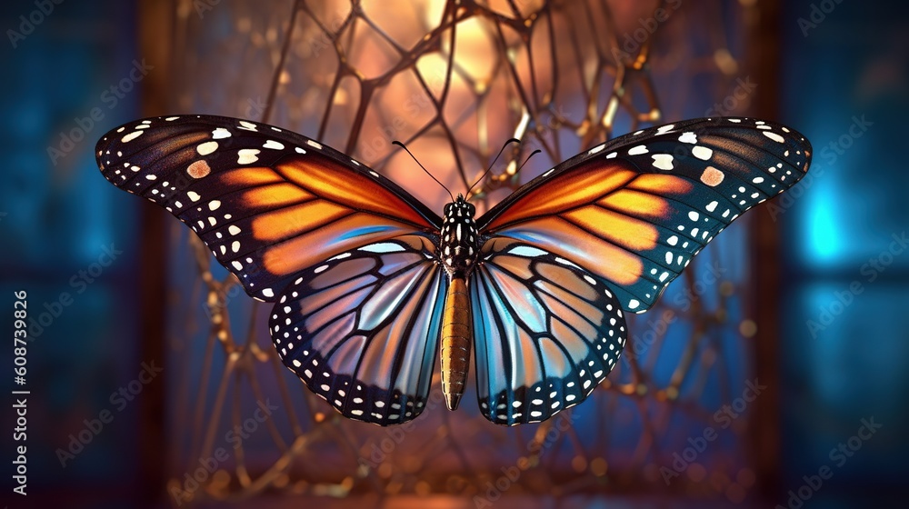 Poster a close up of a butterfly on a string net with a light in the background. generative ai