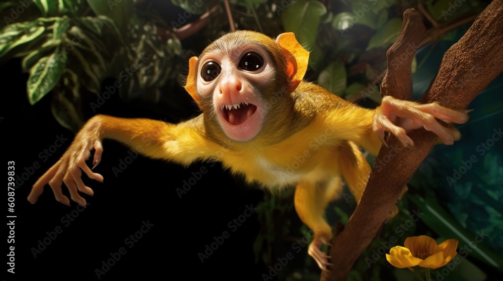 Poster a monkey hanging on a tree branch with its mouth open. generative ai