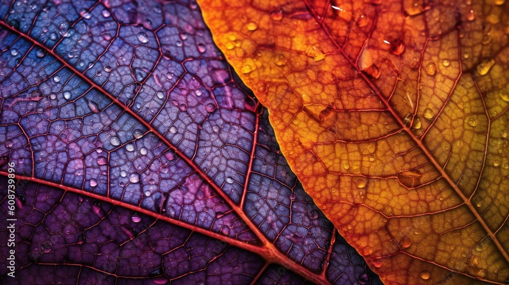 Poster a close up of a colorful leaf with drops of water on it. generative ai