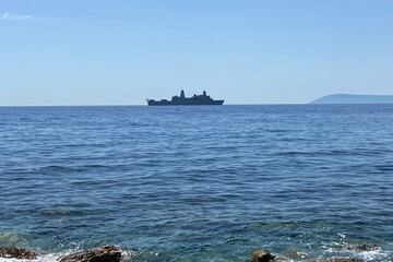 Navy activity on the Aegean Mediterranean Sea. Military vehicles ships transport for military drill...