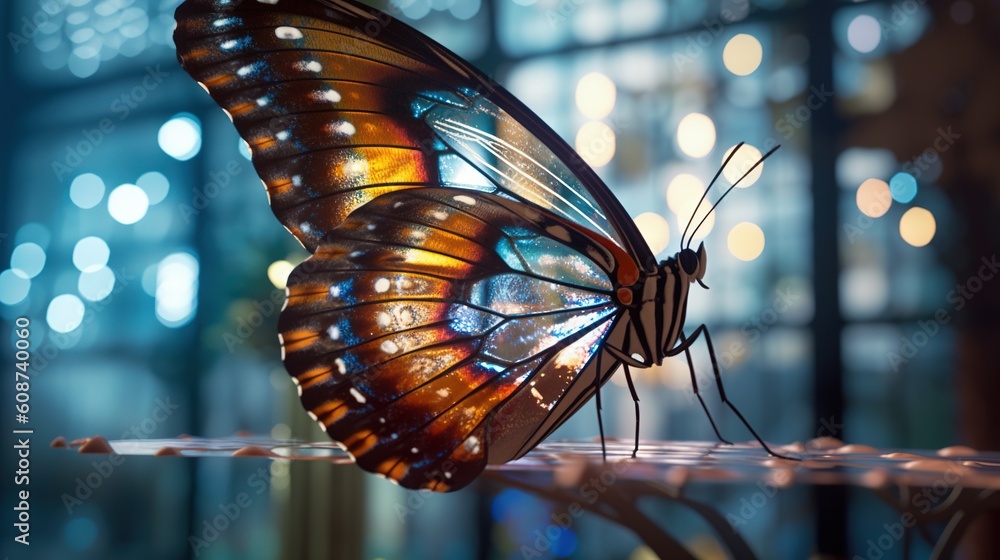 Poster a butterfly that is sitting on a table with lights in the background. generative ai