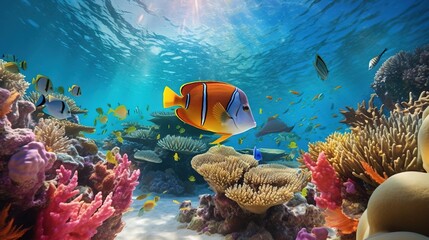 Obraz na płótnie Canvas an underwater scene of a coral reef with a clown fish. generative ai