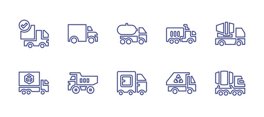 Truck line icon set. Editable stroke. Vector illustration. Containing delivery truck, truck, fuel truck, concrete truck, tipper, refrigerator, recycling truck, mixer truck.