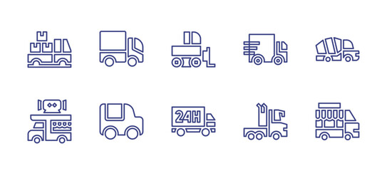 Truck line icon set. Editable stroke. Vector illustration. Containing cargo truck, truck, snowplow, delivery van, cement truck, food truck, delivery, lorry.