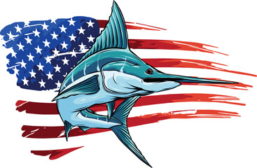 vector illustration of Marlin fish with american flag - 608740279