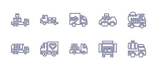 Truck line icon set. Editable stroke. Vector illustration. Containing cargo truck, truck, delivery truck, dump truck.