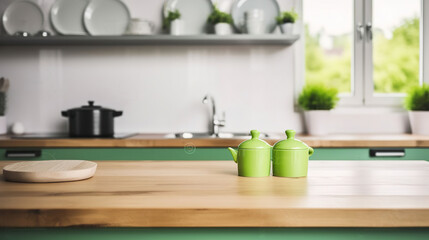 Natures Touch, Wooden Table Gracing the Green Modern Kitchen Bench, Infusing Organic Vibes. Generative AI