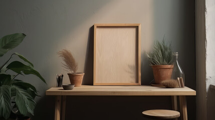 Empty wooden frame mockup placed on wooden table, directional dramatic lighting coming from a window in a room, Generative AI