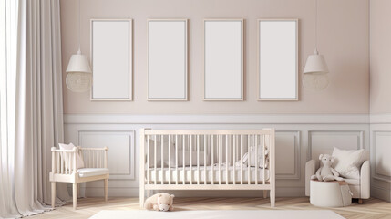 Four clean empty frame mockups on a clean wall in a modern kid’s room, Generative AI