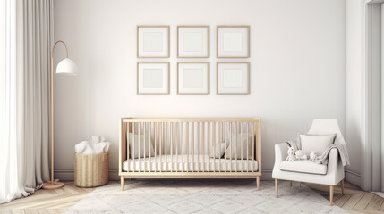Six clean empty frame mockups on a clean wall in a modern kid’s room, Generative AI