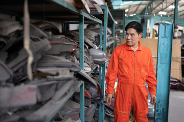 Asia mechanic man checking spare part car at car service	