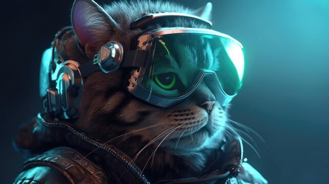 Angry fat cats cyberpunk theme VR. Generative AI illustrations