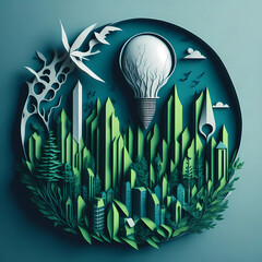 Green eco-city and renewable energy symbolized by a light bulb paper cutout. Sustainable living portrayed in an artistic image.