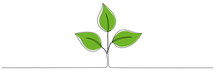Leaves continuous line drawing. Plant branch one line art with green shapes. Vector illustration isolated on white.