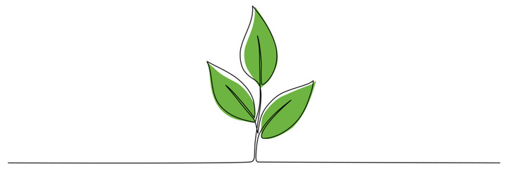 Leaves continuous line drawing. Plant branch one line art with green shapes. Vector illustration isolated on white.