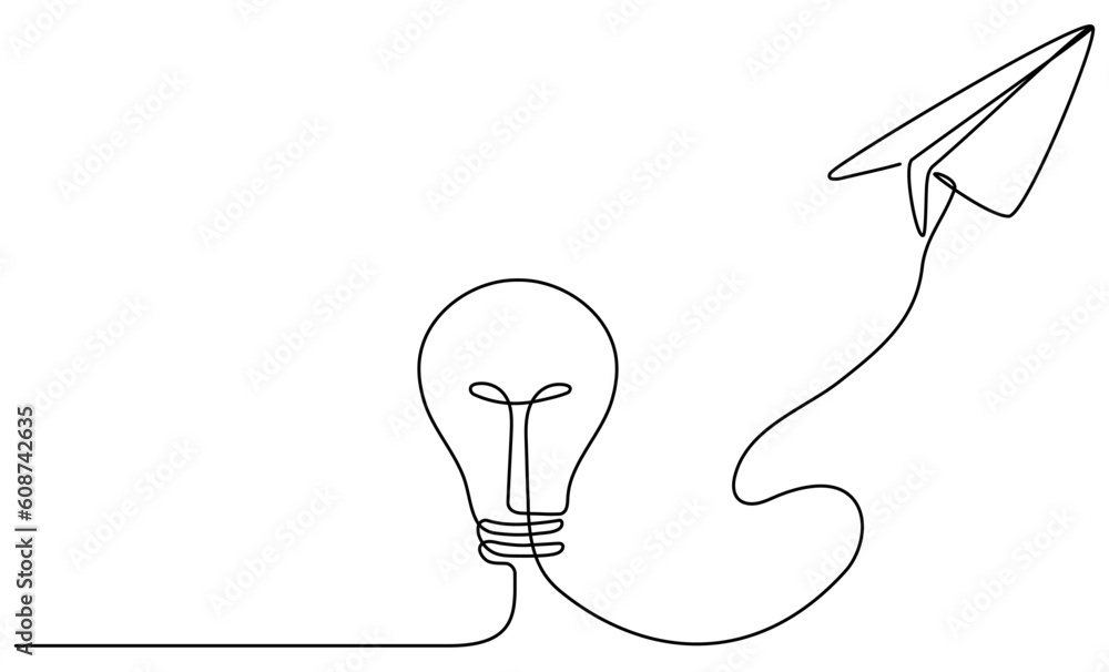 Poster lightbulb with flying paper plane continuous line drawing. idea conceptual symbol. vector illustrati