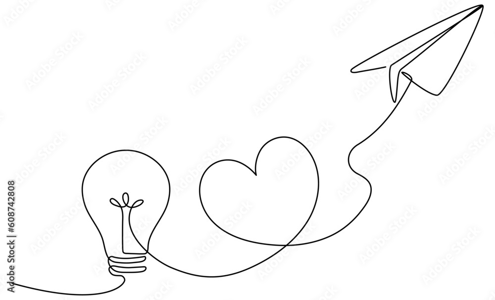 Poster lightbulb with flying paper plane with heart path continuous line drawing. idea conceptual symbol. v