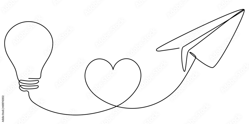 Poster lightbulb with flying paper plane with heart path continuous line drawing. idea conceptual symbol. v