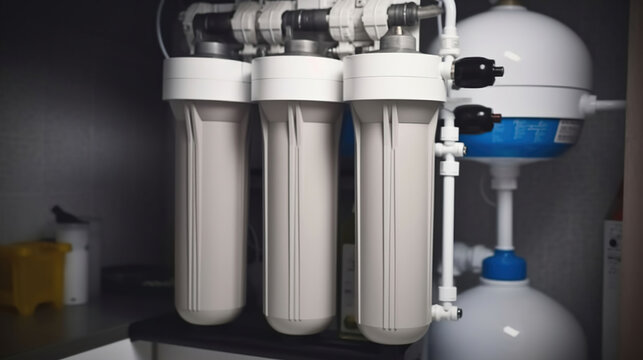 Whole house rainwater filter system. Osmosis deionization system. Water treatment Appliances, ultrafiltration background. Home water filtration system. Generative AI