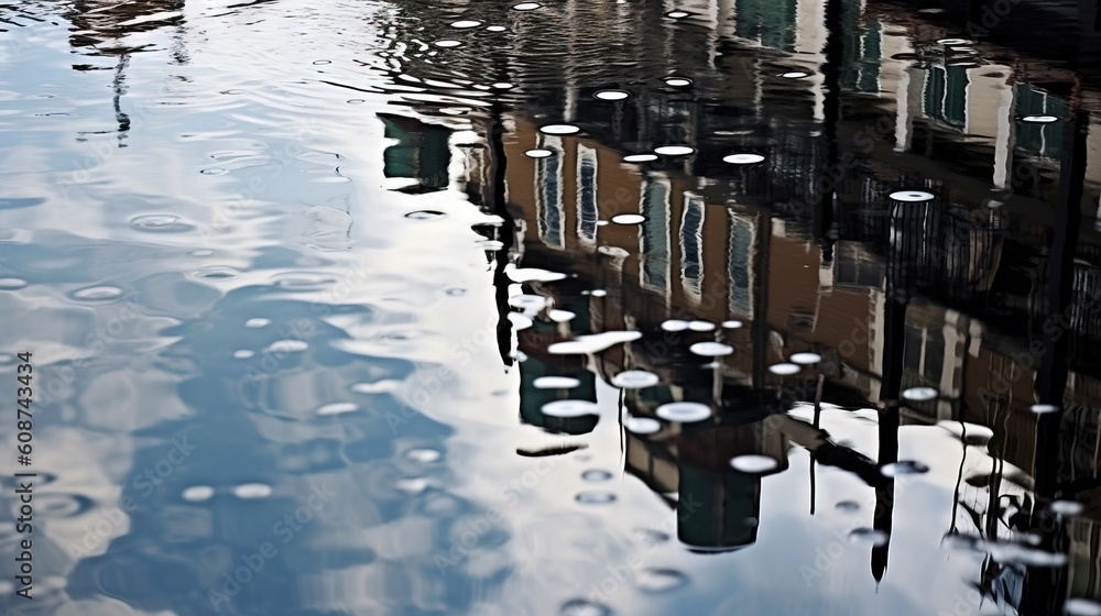 Poster a reflection of a building in the water of a canal. generative ai
