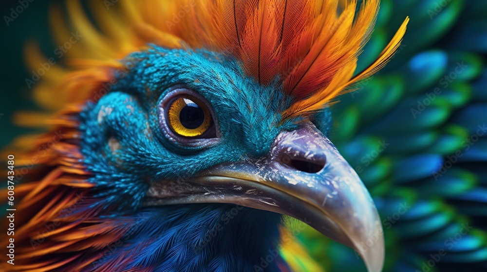 Poster a close up of a colorful bird with feathers on it's head. generative ai
