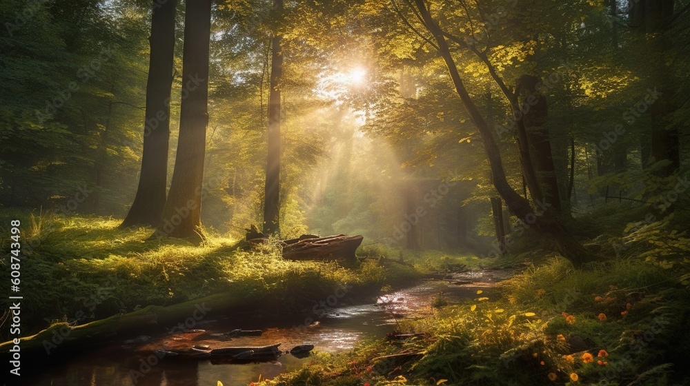 Poster a stream running through a lush green forest filled with trees. generative ai
