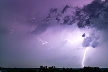 Naklejka na ściany i meble Ray. Lightning. Electric storm. Strong electrical storm with a multitude of lightning and thunder. Lightning storm over fields of Spain. Photography of lightning.