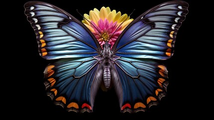 Obraz na płótnie Canvas a colorful butterfly with a flower in the middle of it's wings. generative ai